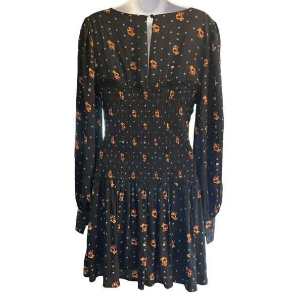 Free People Women's Black Floral Smocked Two Faces Mini Dress Sz Small Y2K Style - Picture 5 of 7